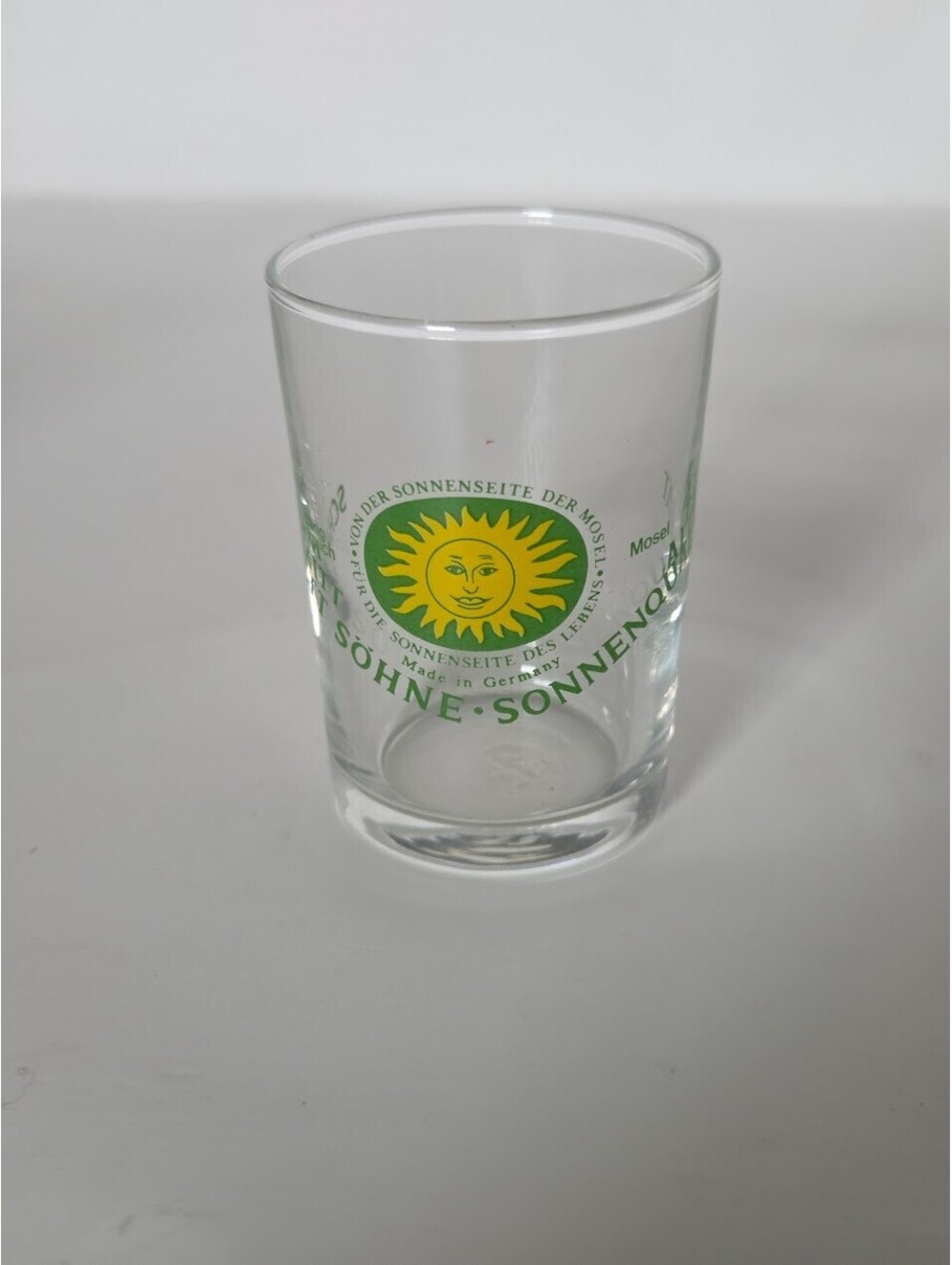 Vintage Schmitt Sohne German Shot Glass Mosel Sun Logo Clear Barware